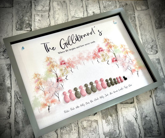 Personalised Family Pebble Picture - Pink Trees
